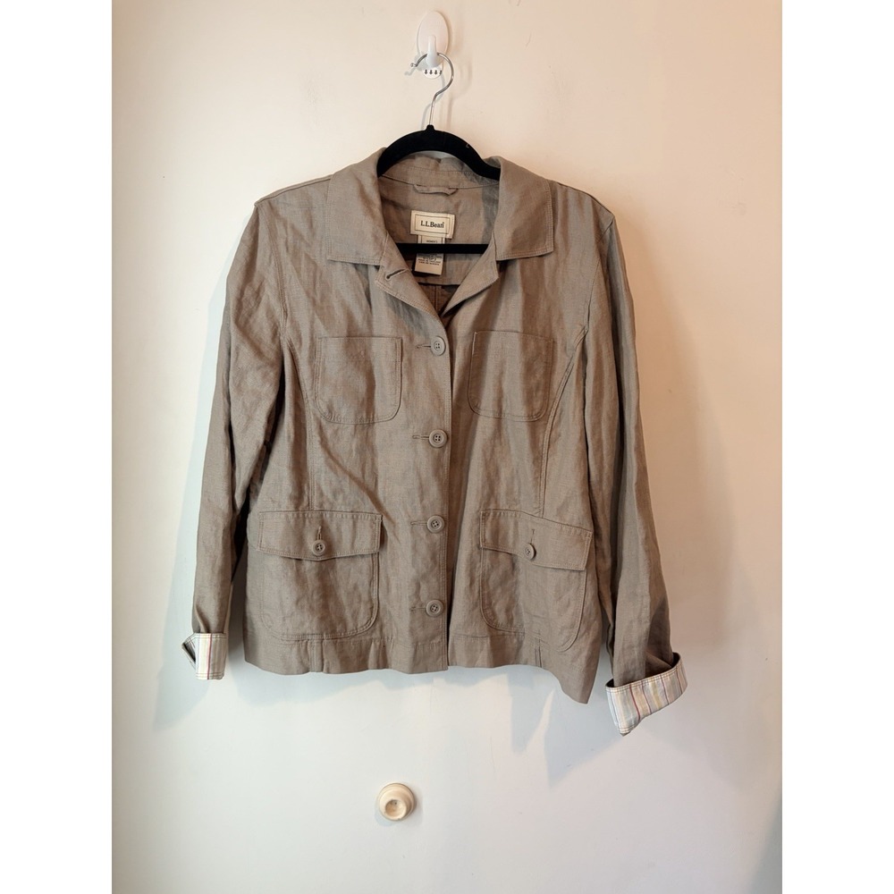 Vintage L L Bean 100% Linen Blazer Jacket Beige Khaki Womans Large Petite